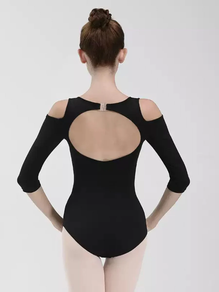 Ballet Dance Basic 3/4 Sleeves V-Neck Training Onesie with Open Back - Image 2
