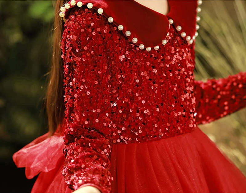 Beading Lapel Long Sleeves Princess Flower Girl Party Dress with Crystals - Image 8