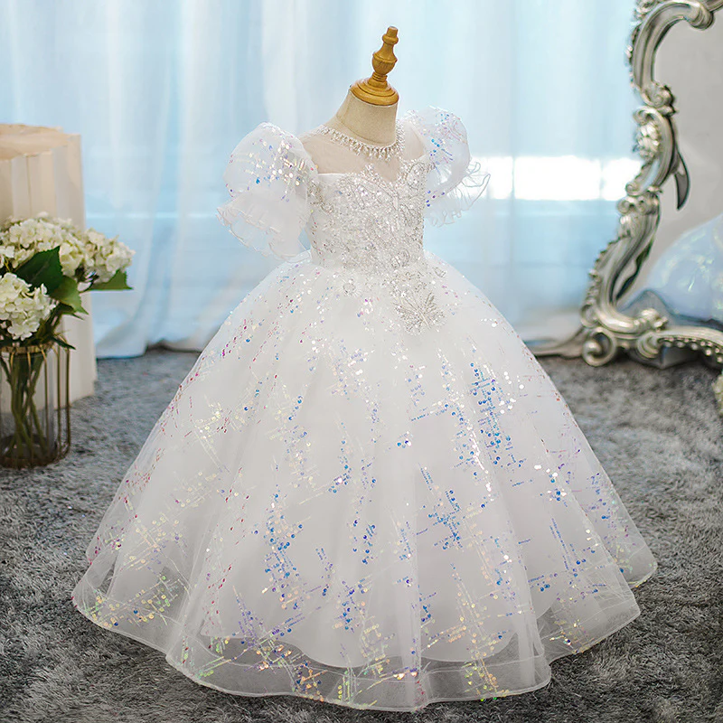 Beading Round Neck Ball Gown Short Sleeves Girl Party Dress with Crystal Appliques - Image 4