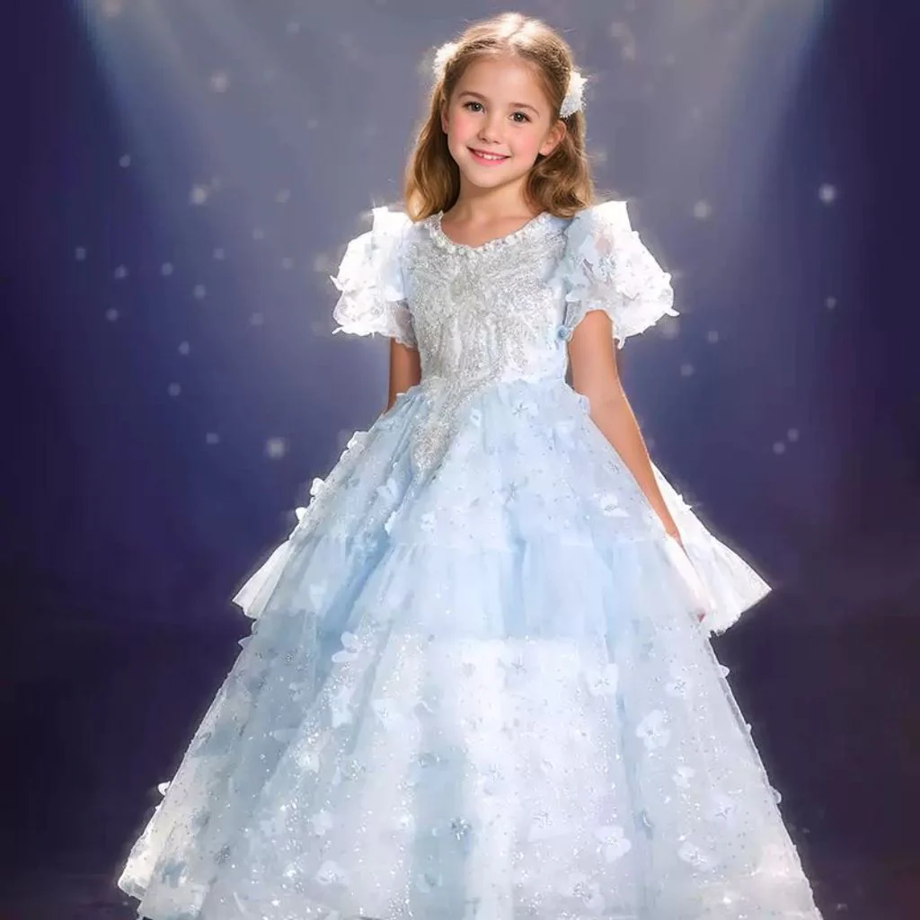 Beading Round Neck Short Sleeves Princess Girl Party Dress with Rhinestone Appliques - Image 3