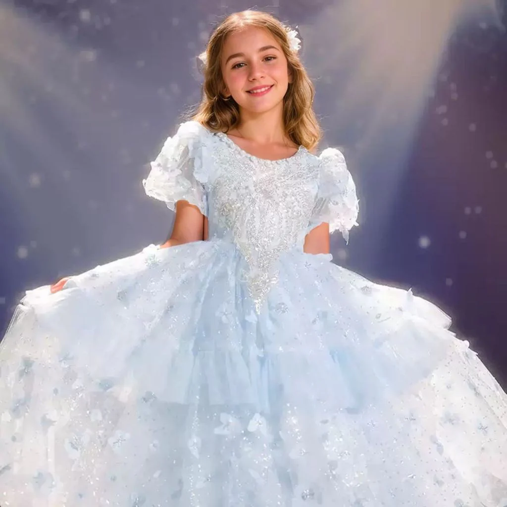 Beading Round Neck Short Sleeves Princess Girl Party Dress with Rhinestone Appliques - Image 4