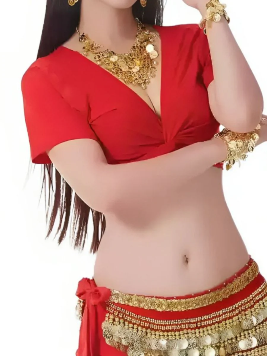 Belly Dance Short Sleeves Vest Ruched Performance Costume with Wrap - Image 5