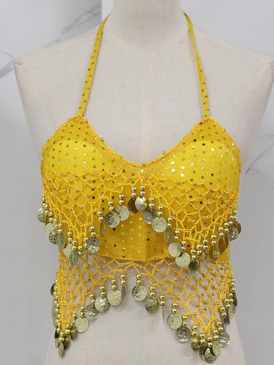 Belly Dance Sleeveless Vest Copper Coin Pure Color Splicing Women's Performance Training