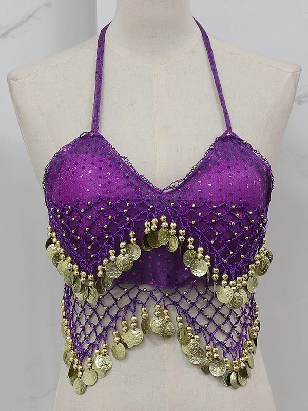 Belly Dance Sleeveless Vest Copper Coin Pure Color Splicing Women's Performance Training - Image 10