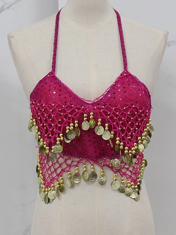 Belly Dance Sleeveless Vest Copper Coin Pure Color Splicing Women's Performance Training - Image 12