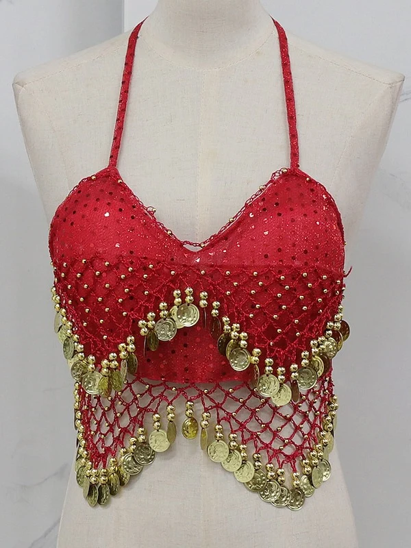 Belly Dance Sleeveless Vest Copper Coin Pure Color Splicing Women's Performance Training - Image 13