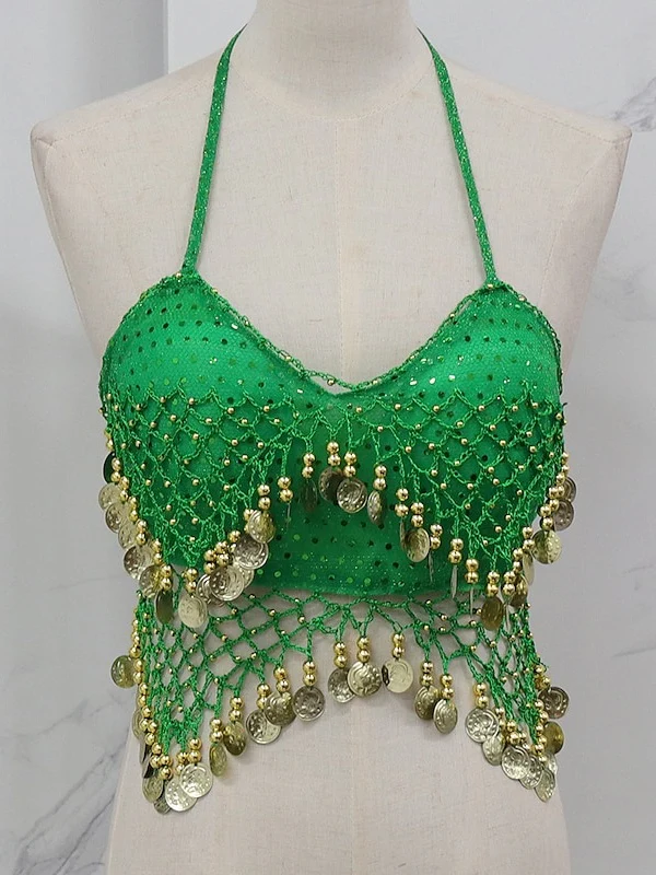 Belly Dance Sleeveless Vest Copper Coin Pure Color Splicing Women's Performance Training - Image 15
