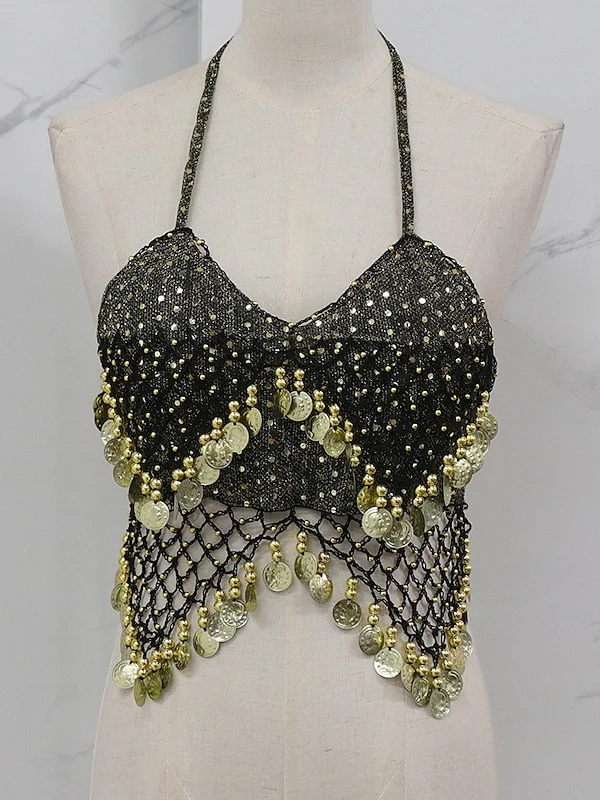 Belly Dance Sleeveless Vest Copper Coin Pure Color Splicing Women's Performance Training - Image 3