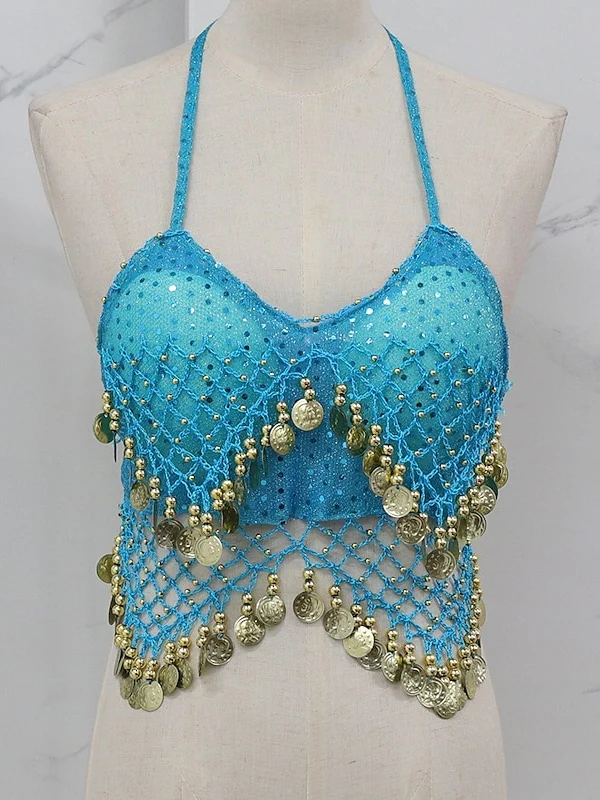 Belly Dance Sleeveless Vest Copper Coin Pure Color Splicing Women's Performance Training - Image 4