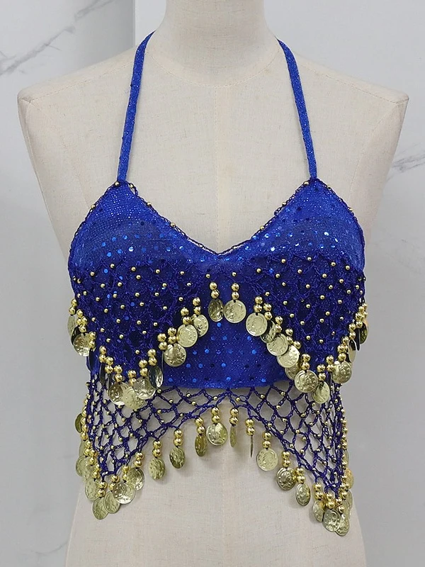 Belly Dance Sleeveless Vest Copper Coin Pure Color Splicing Women's Performance Training - Image 6