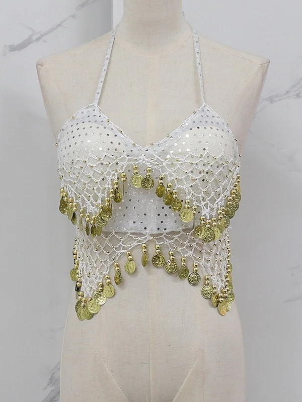 Belly Dance Sleeveless Vest Copper Coin Pure Color Splicing Women's Performance Training - Image 8
