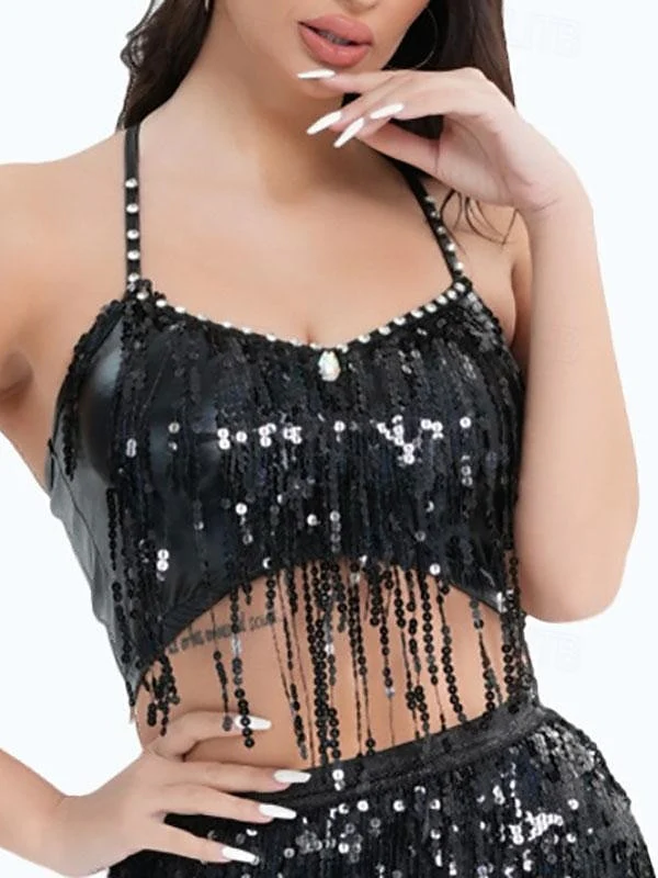 Belly Dance Top Glitter Tassel Pure Color Women's Performance Training Sleeveless High Polyester - Image 2