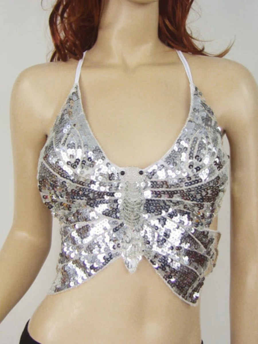 Belly Dance V-Neck Sleeveless Butterfly Sexy Bar with Beading & Sequins - Image 10