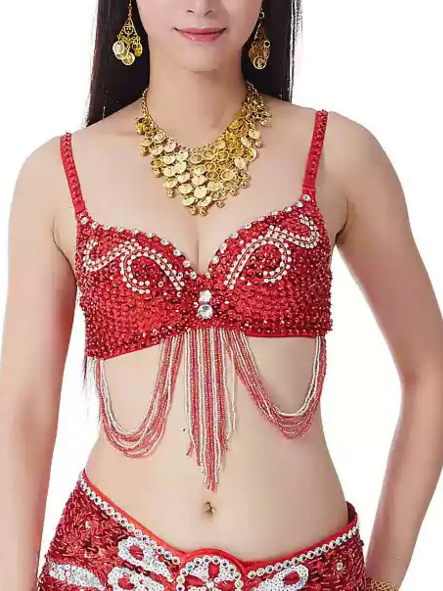Belly Dancewear Sexy Sparkling Rhinestone Bra with Beading Tassel - Image 11