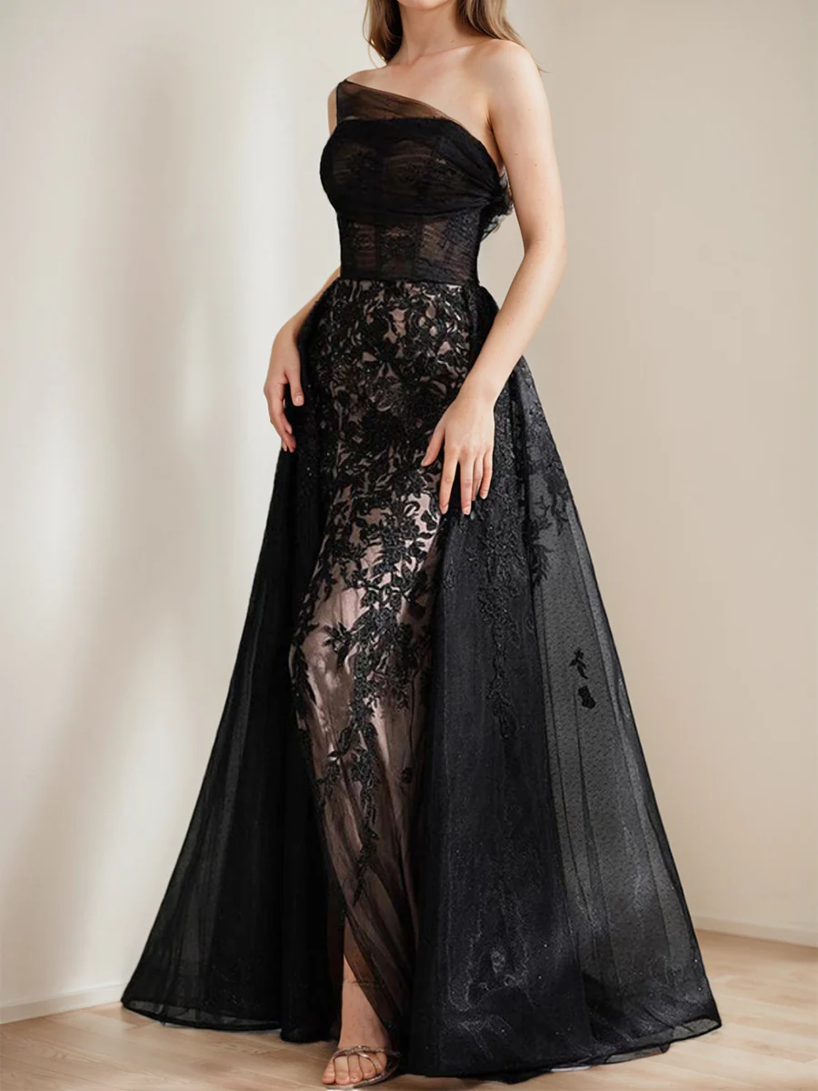 Black A-Line One-Shoulder Tulle Elegant Evening Dresses with Appliques & High Split - Image 4