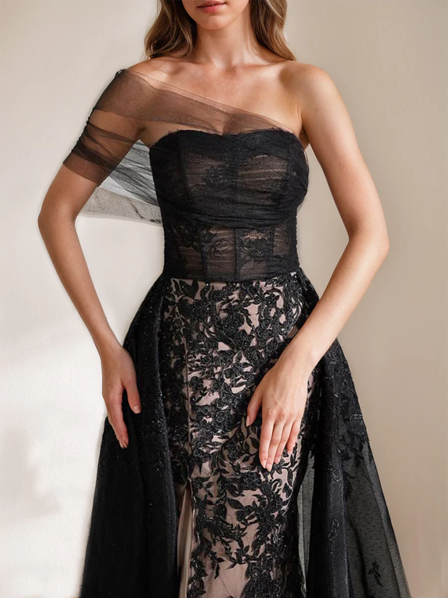 Black A-Line One-Shoulder Tulle Elegant Evening Dresses with Appliques & High Split - Image 5