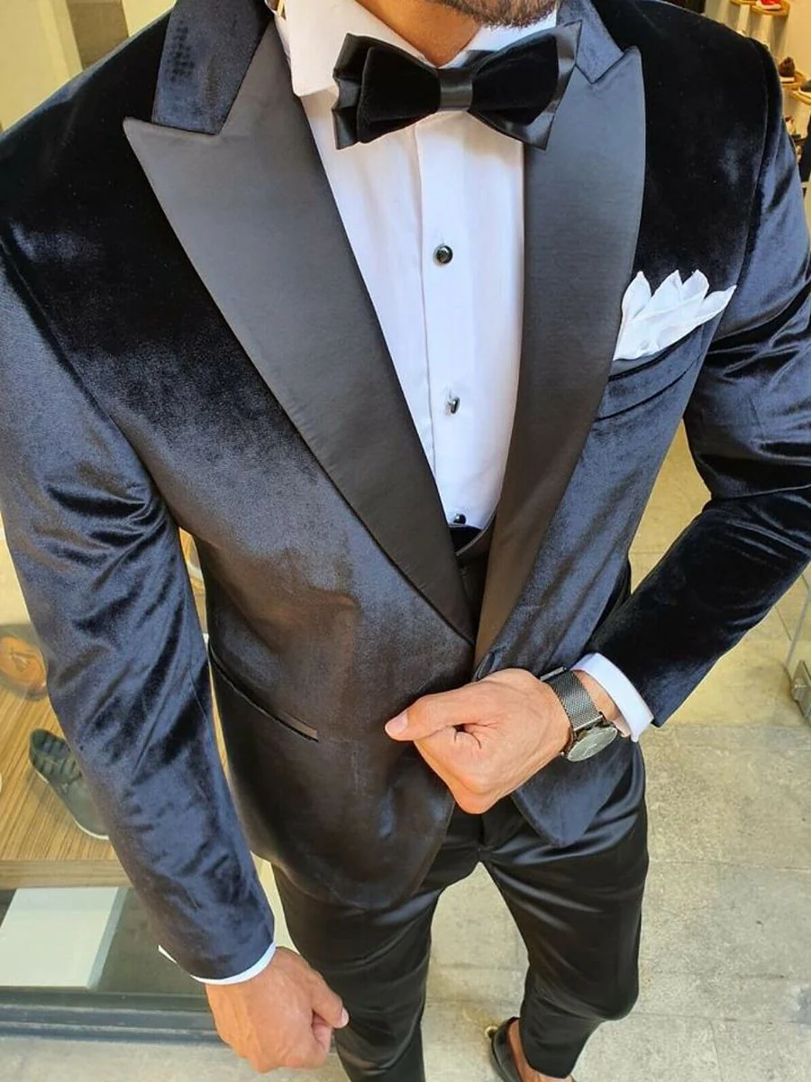 Black Blue Burgundy Men's Vintage Party Velvet Solid Regular Single Breasted One-button Jacket - Image 3