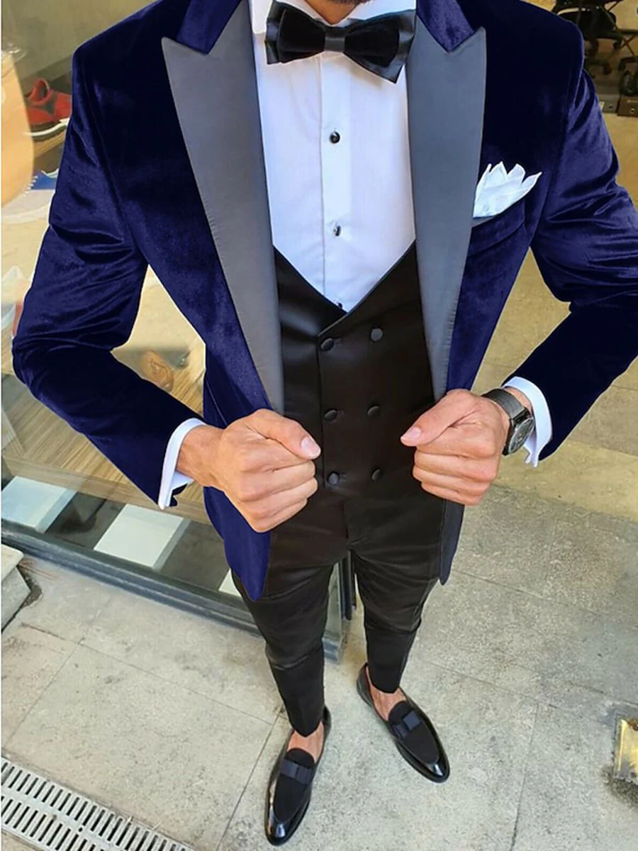 Black Blue Burgundy Men's Vintage Party Velvet Solid Regular Single Breasted One-button Jacket - Image 5