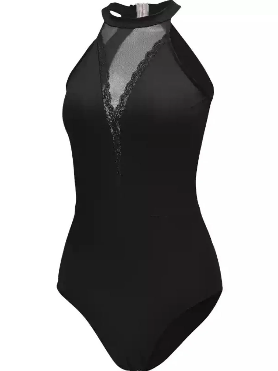 Black Dance Basic Training Ballet Halter Sleeveless Onesie with Open Back - Image 2