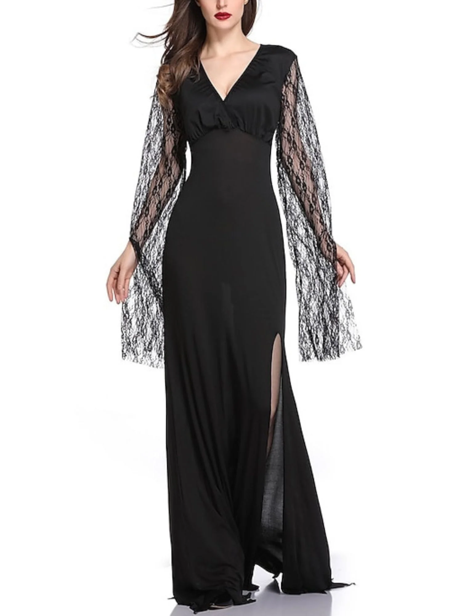 Black Elegant Sheath/Column V-Neck Lace Long Sleeve Floor Length Halloween Performance Costume Dresses - Image 2