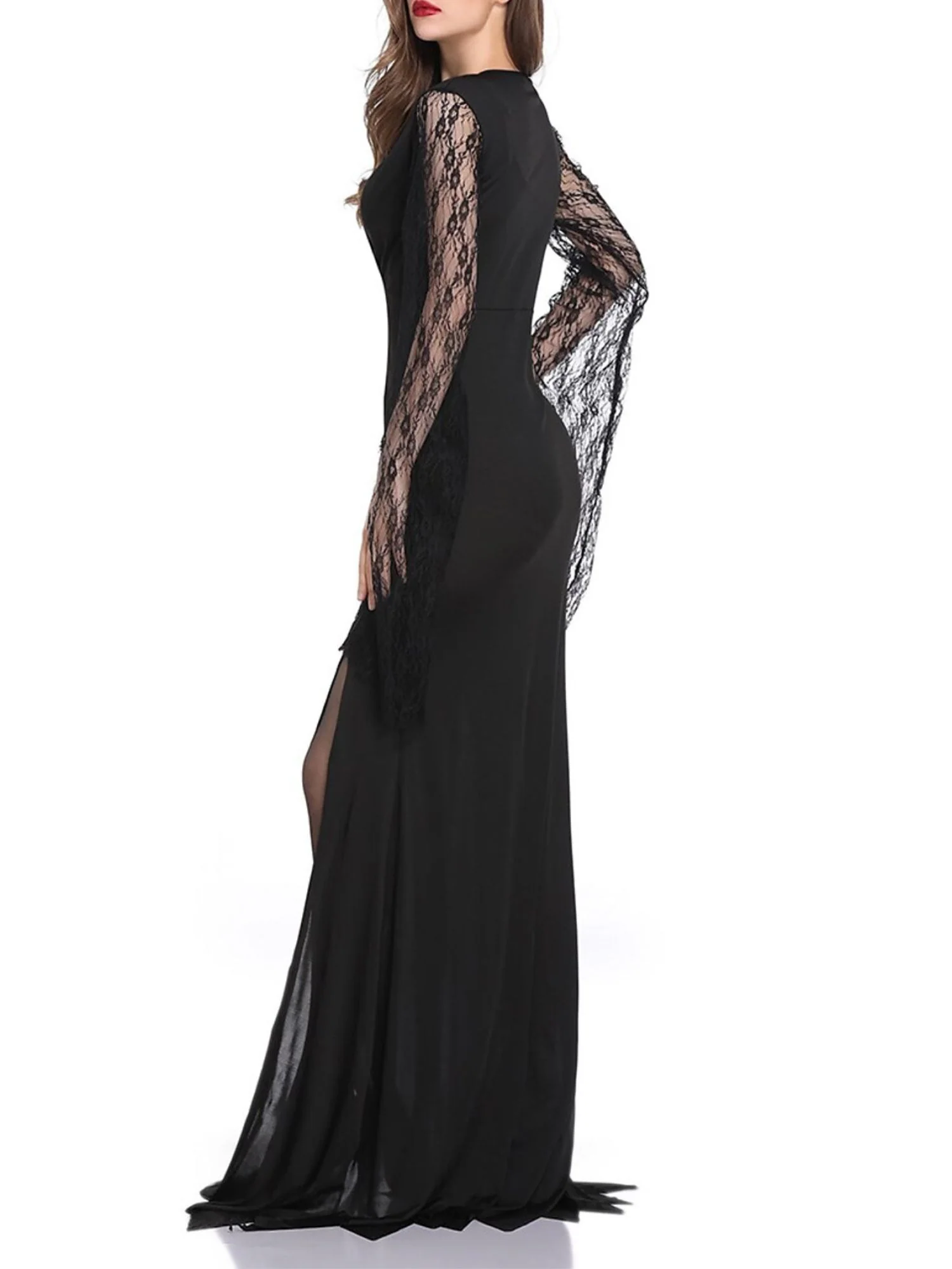 Black Elegant Sheath/Column V-Neck Lace Long Sleeve Floor Length Halloween Performance Costume Dresses - Image 3