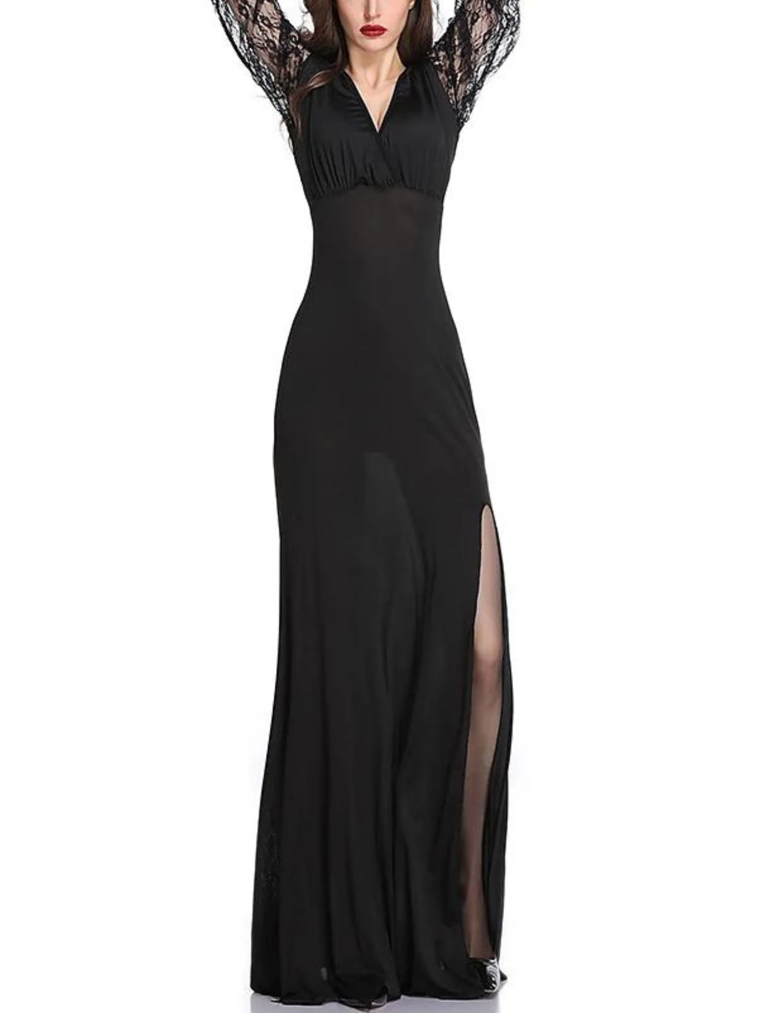 Black Elegant Sheath/Column V-Neck Lace Long Sleeve Floor Length Halloween Performance Costume Dresses - Image 4