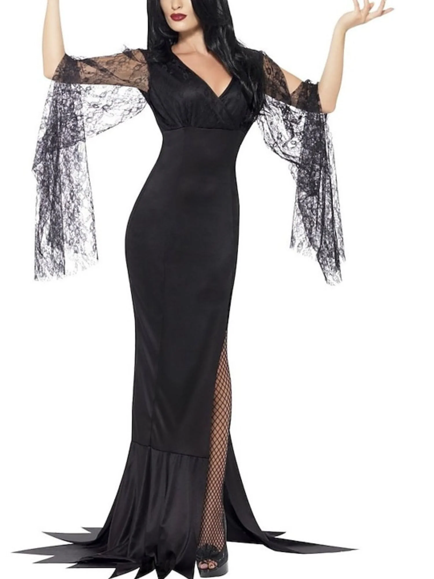 Black Elegant Sheath/Column V-Neck Lace Long Sleeve Floor Length Halloween Performance Costume Dresses - Image 5