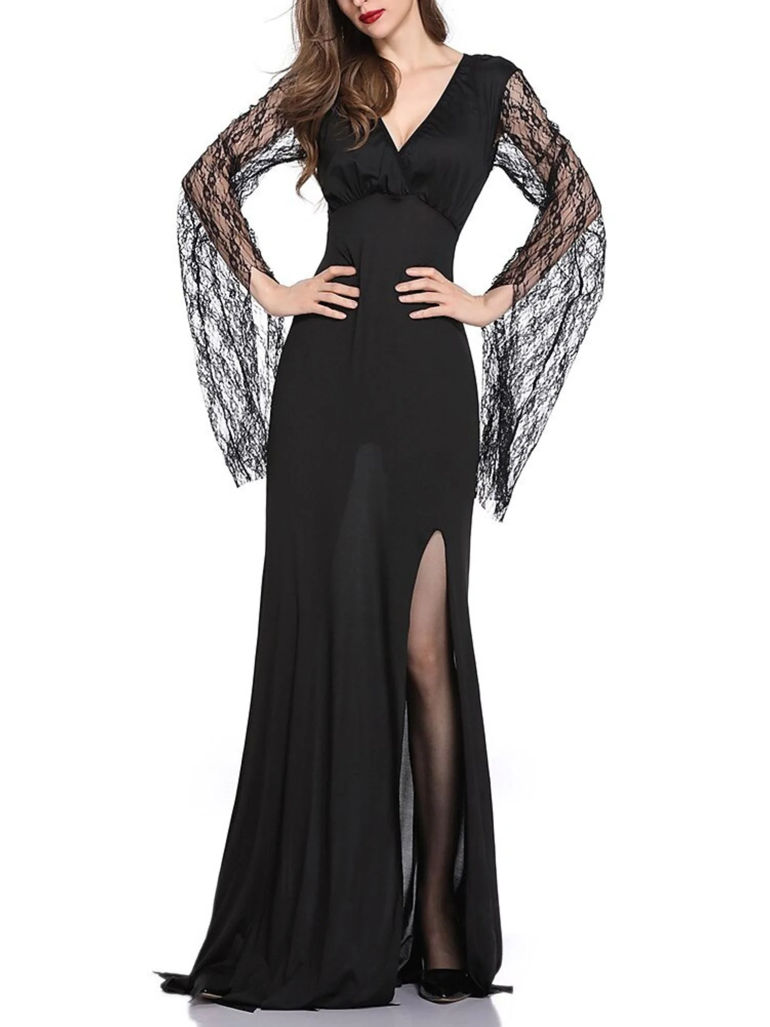 Black Elegant Sheath/Column V-Neck Lace Long Sleeve Floor Length Halloween Performance Costume Dresses - Image 6