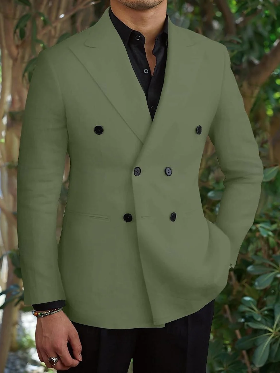 Black Green Men's Business WorkWear Slim Fit Double Breasted Six-buttons Wedding Suits 2 Piece - Image 3