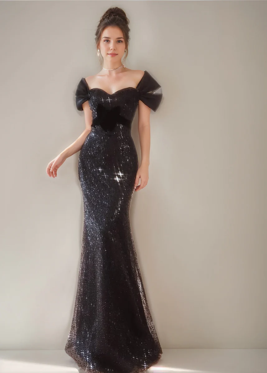 Black Luxurious Short Sleeves Evening Dresses with Sequins & Ruffles