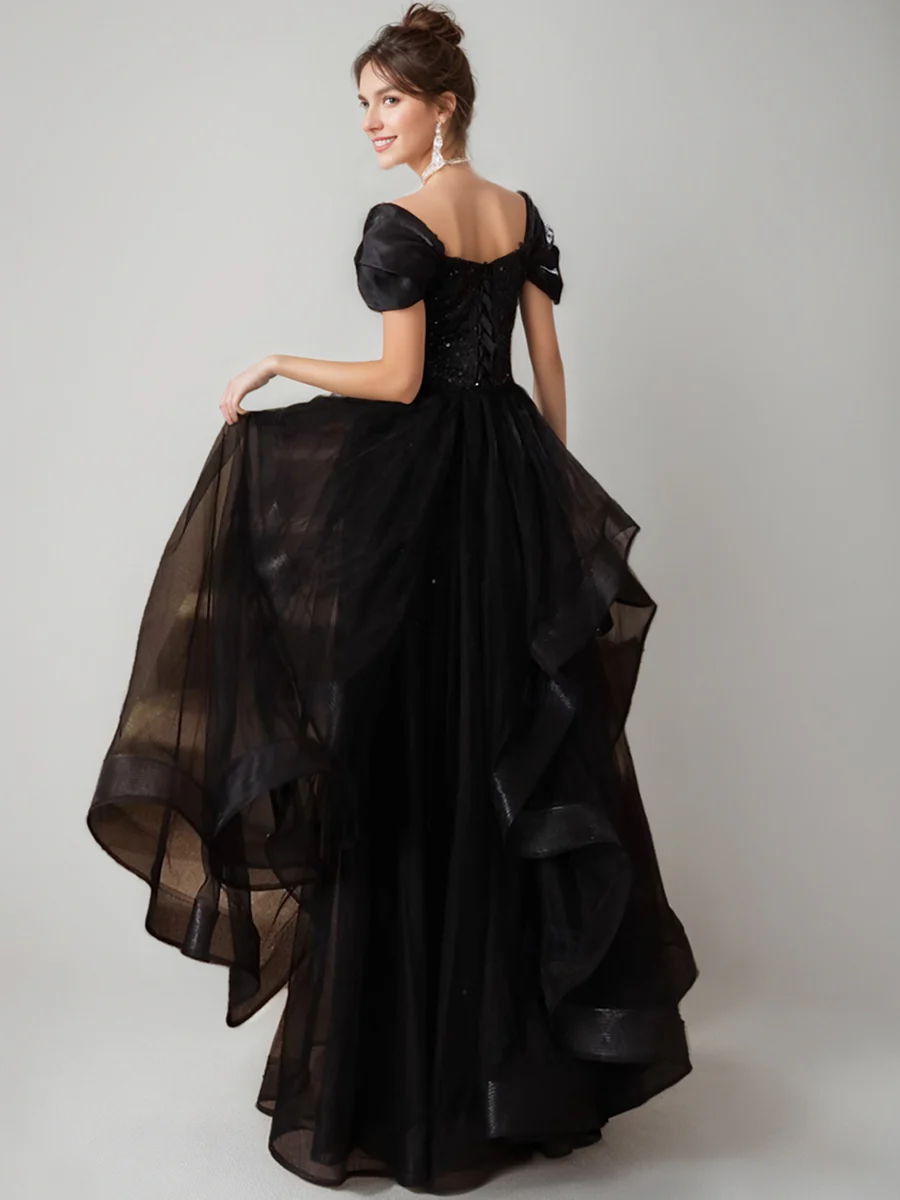 Black Luxurious Short Sleeves Evening Dresses with Sequins & Ruffles - Image 2