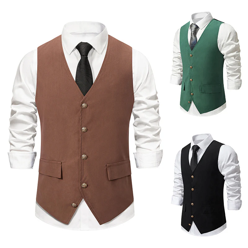 Black Men's Retro V-Neck Solid Single Breasted Buttons Casual Daily Vest with Pocket & Belt - Image 6