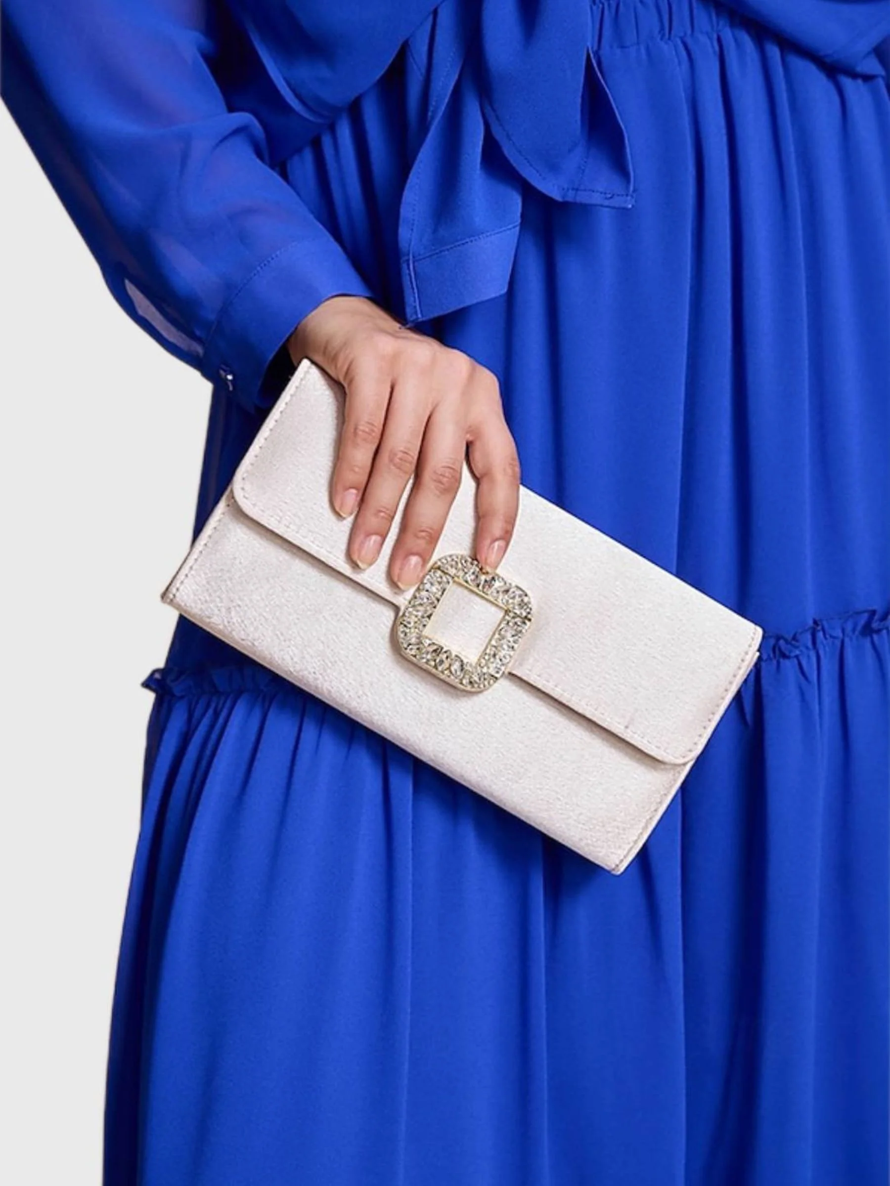 Black Satin Elegant Clutch Bag with Rhinestone Buckle - Image 3