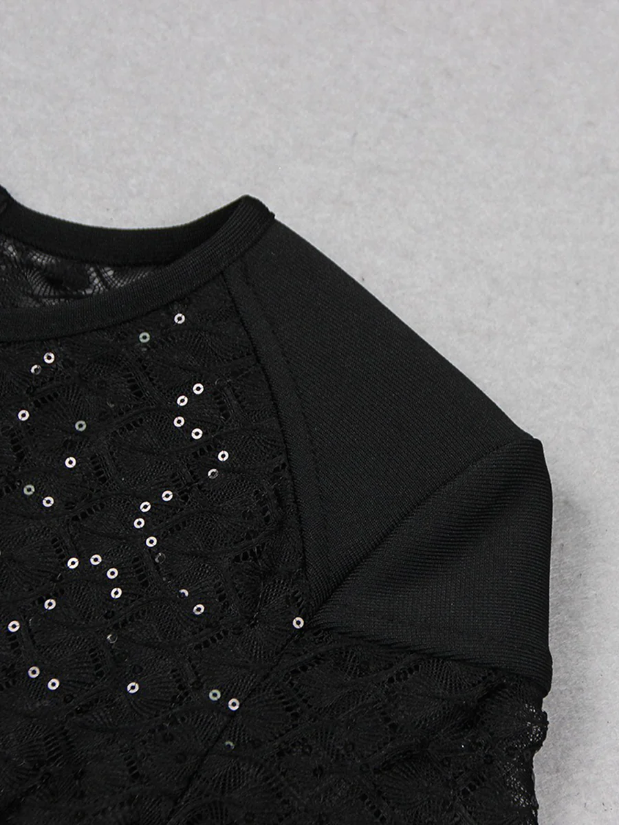 Black Scoop Neck Floor-Length Long Sleeves Evening Pantsuits with Feather & Sequins - Image 11
