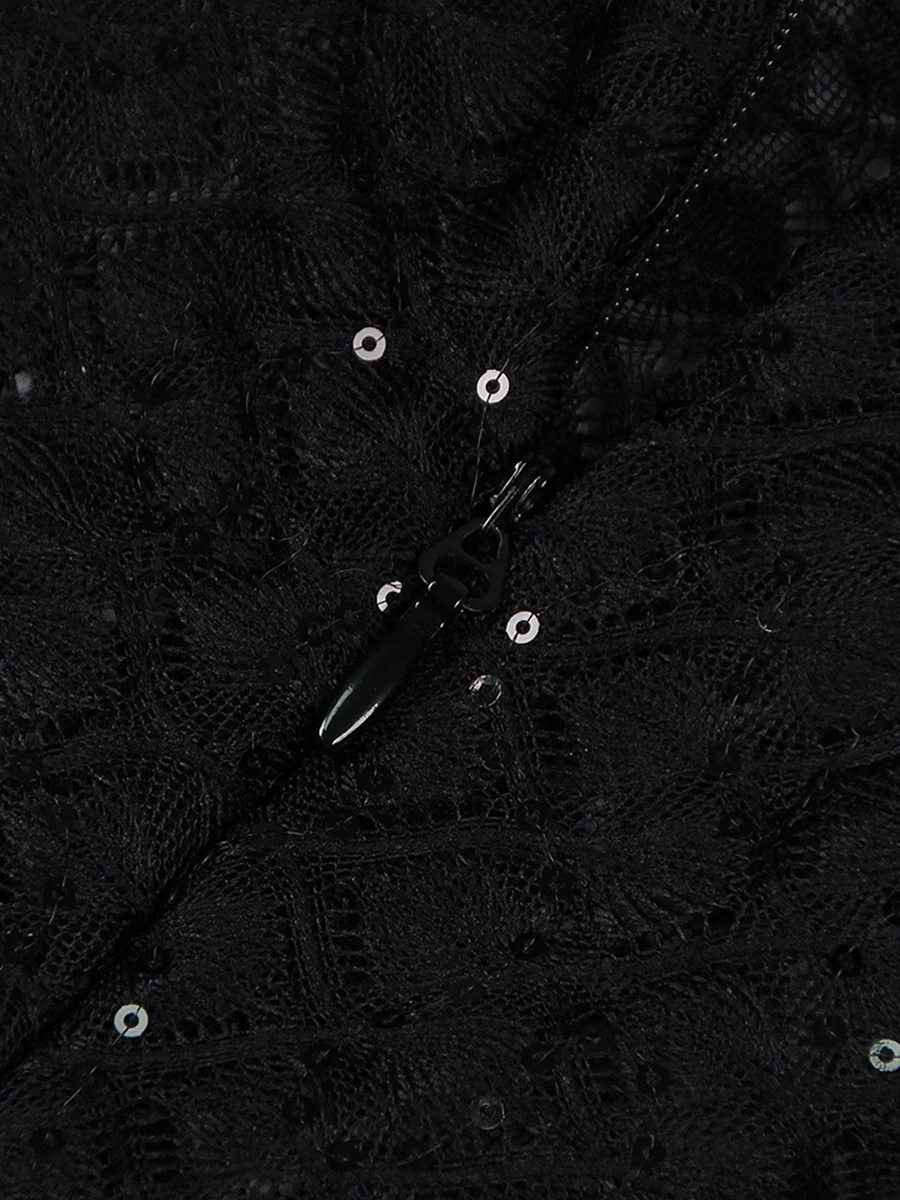 Black Scoop Neck Floor-Length Long Sleeves Evening Pantsuits with Feather & Sequins - Image 12