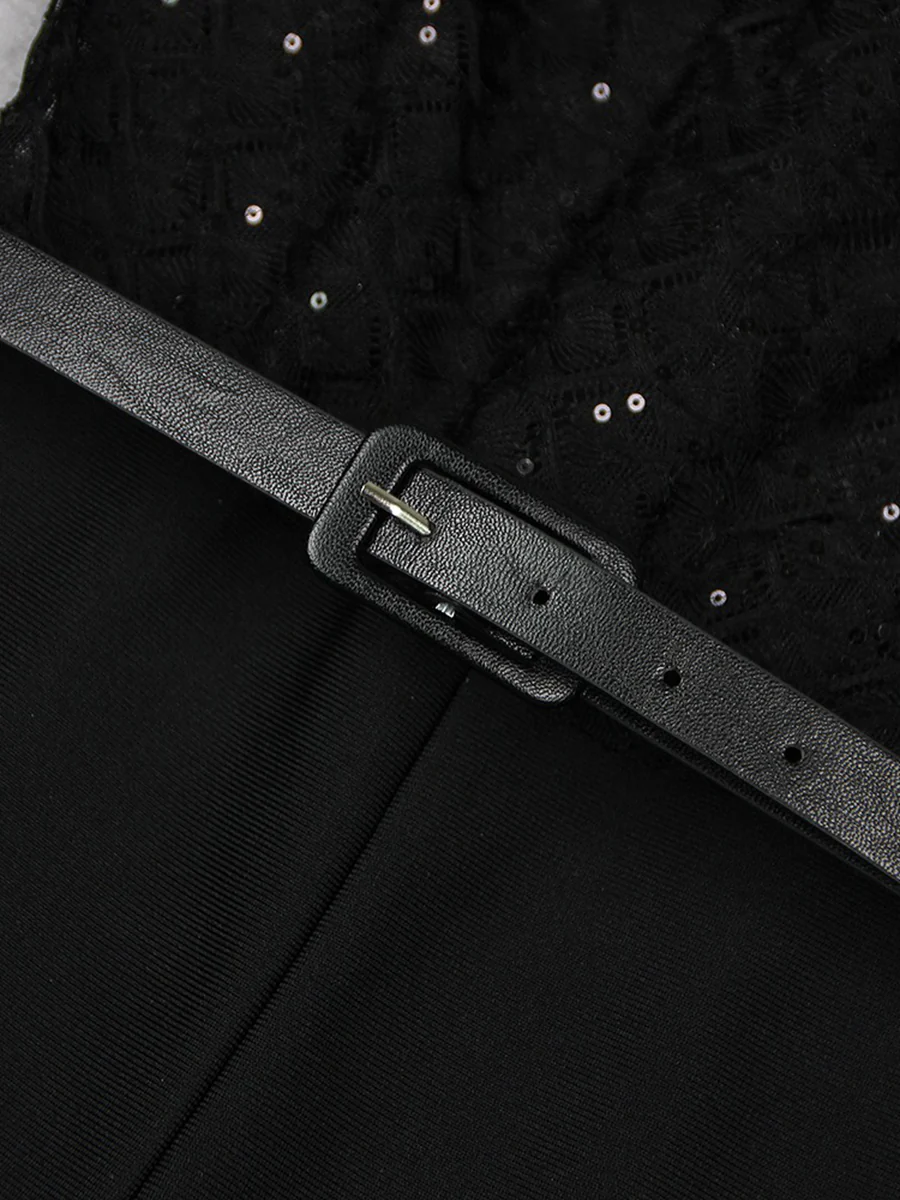 Black Scoop Neck Floor-Length Long Sleeves Evening Pantsuits with Feather & Sequins - Image 13
