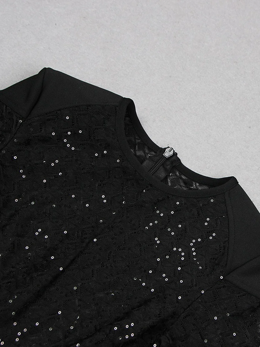 Black Scoop Neck Floor-Length Long Sleeves Evening Pantsuits with Feather & Sequins - Image 14