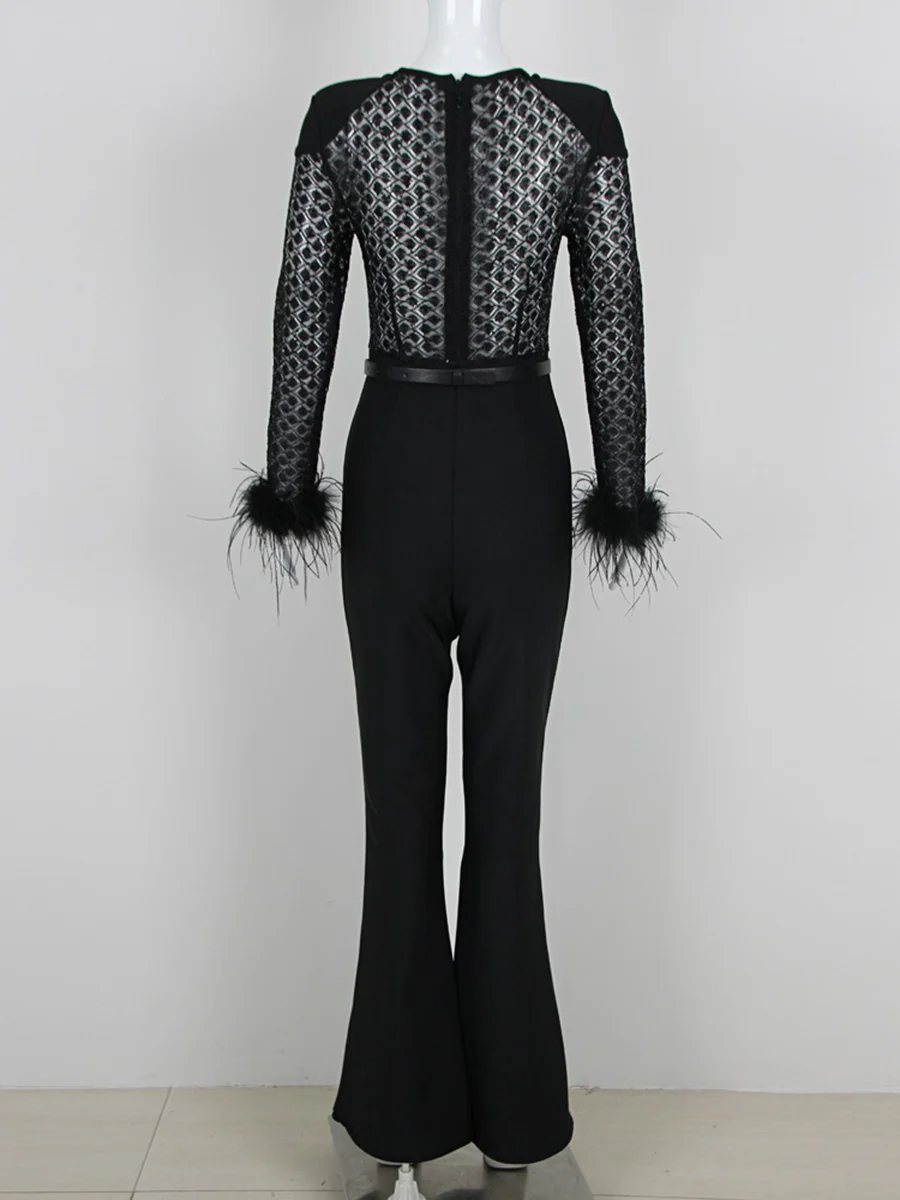 Black Scoop Neck Floor-Length Long Sleeves Evening Pantsuits with Feather & Sequins - Image 3