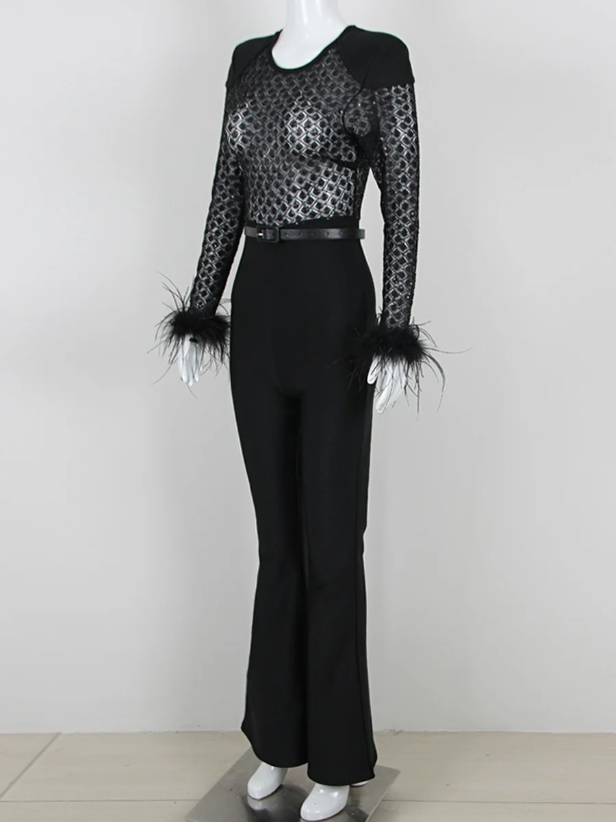 Black Scoop Neck Floor-Length Long Sleeves Evening Pantsuits with Feather & Sequins - Image 4