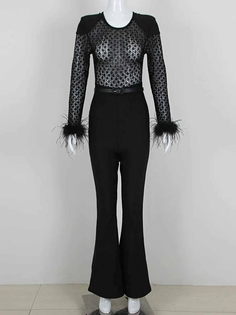 Black Scoop Neck Floor-Length Long Sleeves Evening Pantsuits with Feather & Sequins - Image 5