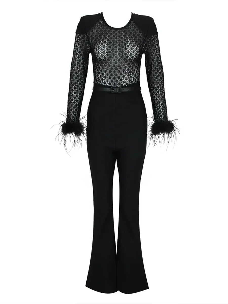 Black Scoop Neck Floor-Length Long Sleeves Evening Pantsuits with Feather & Sequins - Image 6