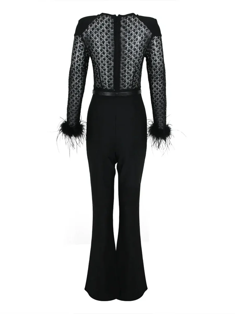 Black Scoop Neck Floor-Length Long Sleeves Evening Pantsuits with Feather & Sequins - Image 7