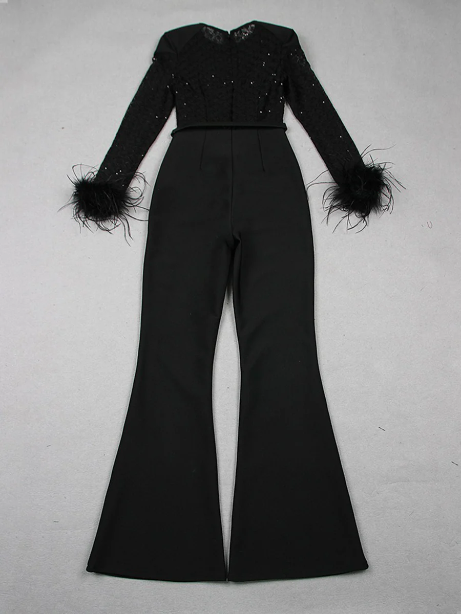 Black Scoop Neck Floor-Length Long Sleeves Evening Pantsuits with Feather & Sequins - Image 8