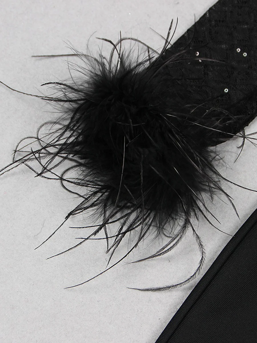 Black Scoop Neck Floor-Length Long Sleeves Evening Pantsuits with Feather & Sequins - Image 9