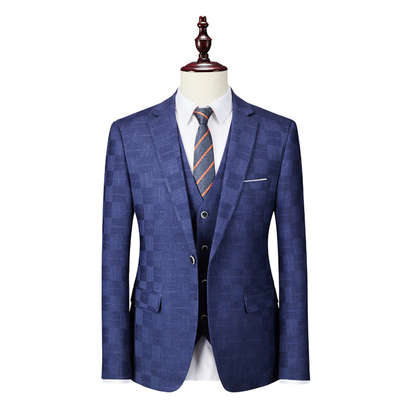 Blue Burgundy Black Men's Tailored Fit Single Breasted One-button 3 Pieces Plaid Wedding Suits - Image 2