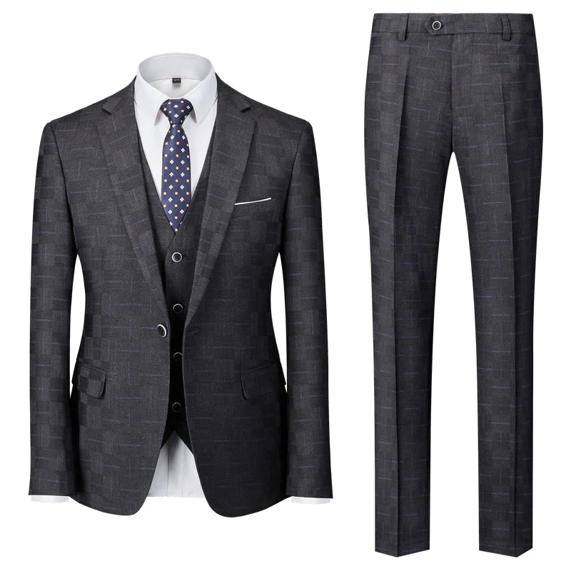 Blue Burgundy Black Men's Tailored Fit Single Breasted One-button 3 Pieces Plaid Wedding Suits - Image 5