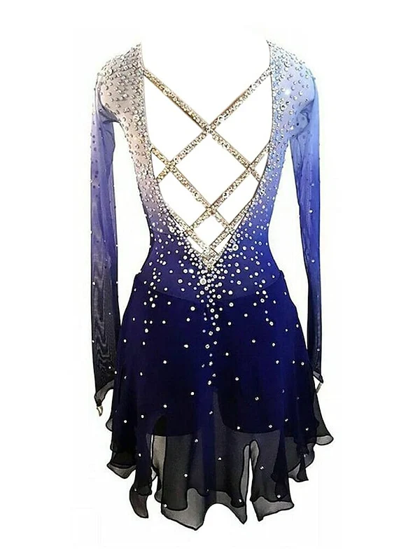 Blue Figure Skating Dress Wear Women's Girls' Long Sleeve Ice Skating Dress - Image 2