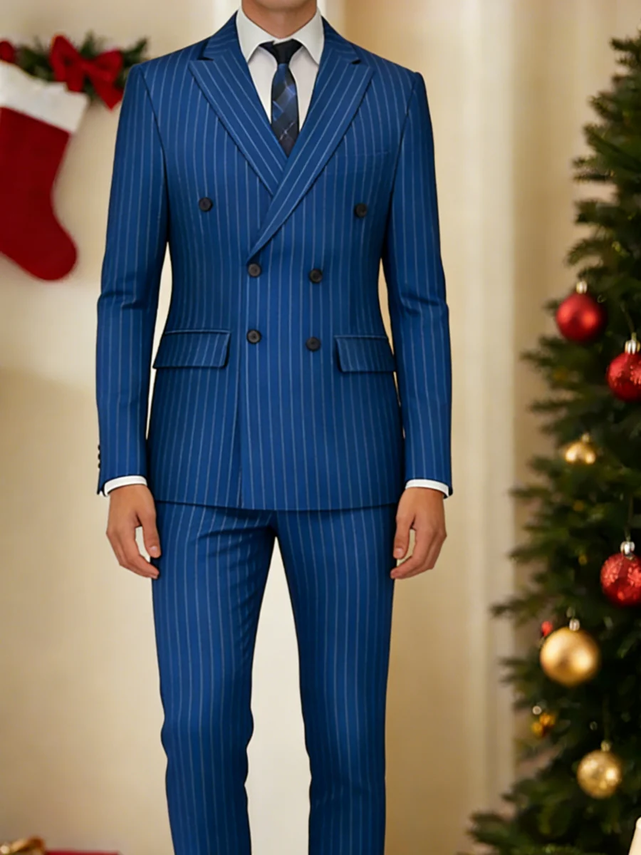Blue Khaki Burgundy Gray Black Men's Tailored Fit Double Breasted Six-buttons 2 Pieces Striped Wedding Suits - Image 7