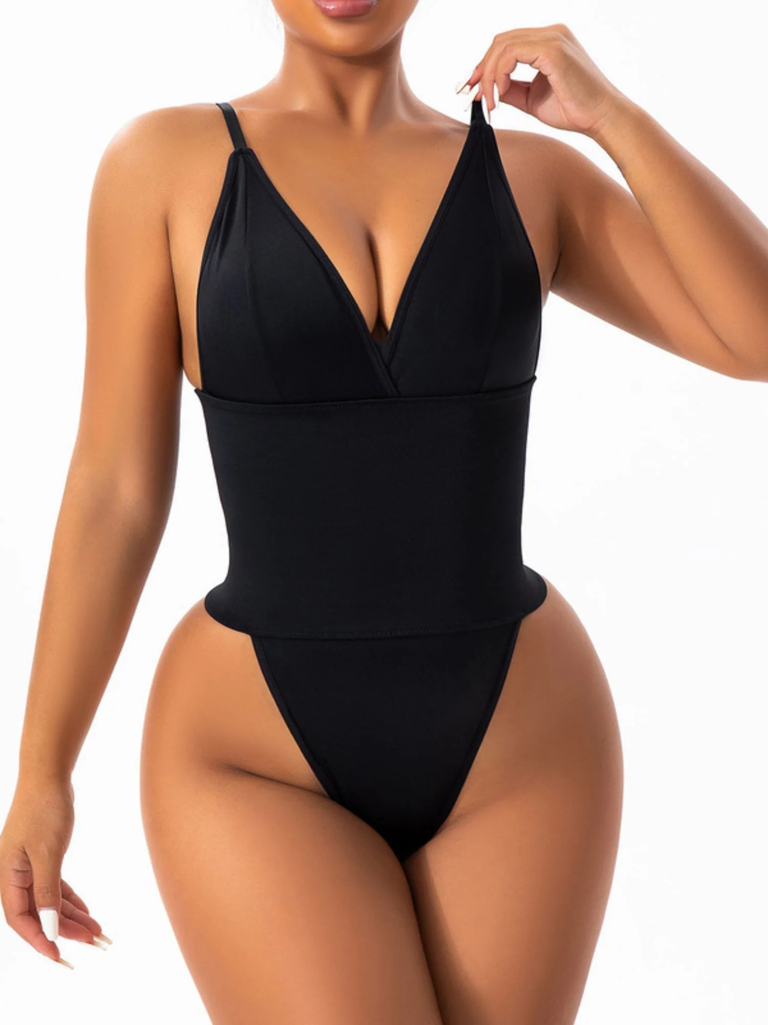 Bodysuit Women's Black Sexy V-Neck Ruffle Comfortable Shapewear - Image 4
