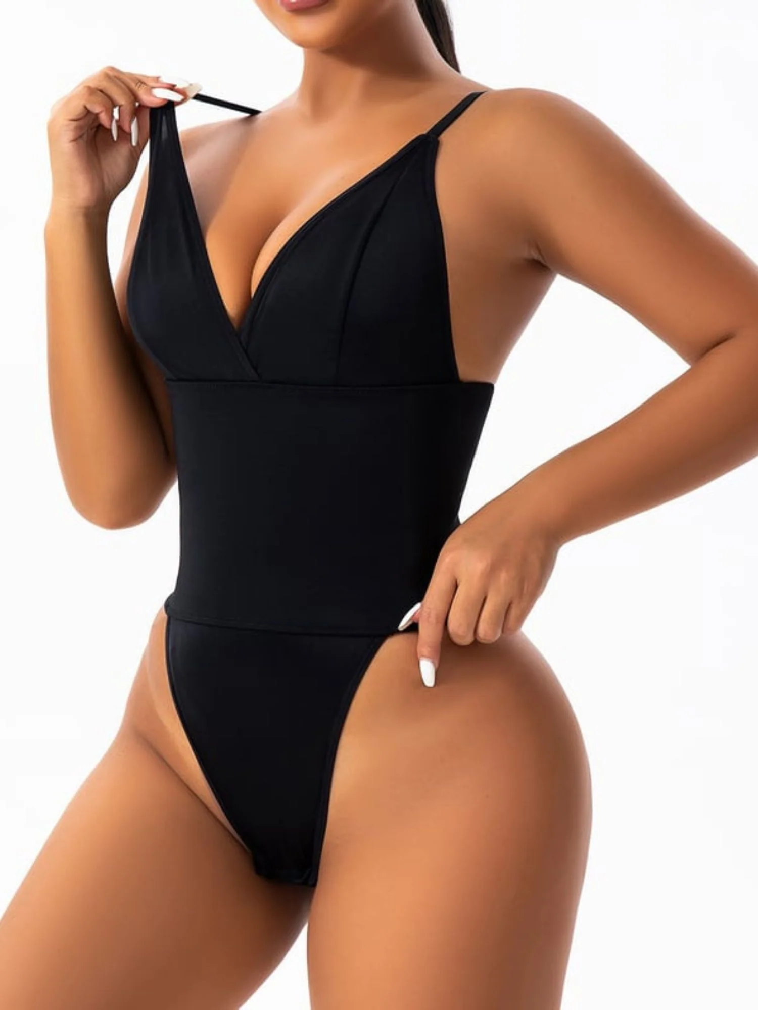 Bodysuit Women's Black Sexy V-Neck Ruffle Comfortable Shapewear - Image 5